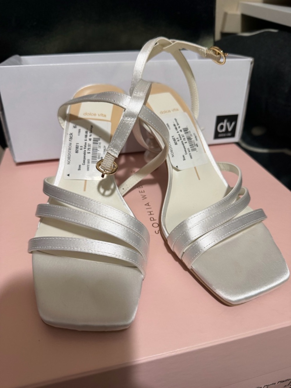 Dolce Vita Pearl Satin Strappy Block Heel Sandals